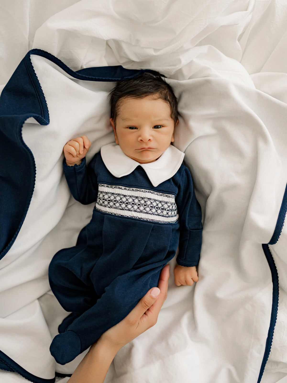 Classic European-inspired newborn outfit in Peruvian Pima cotton by Baby Fil.